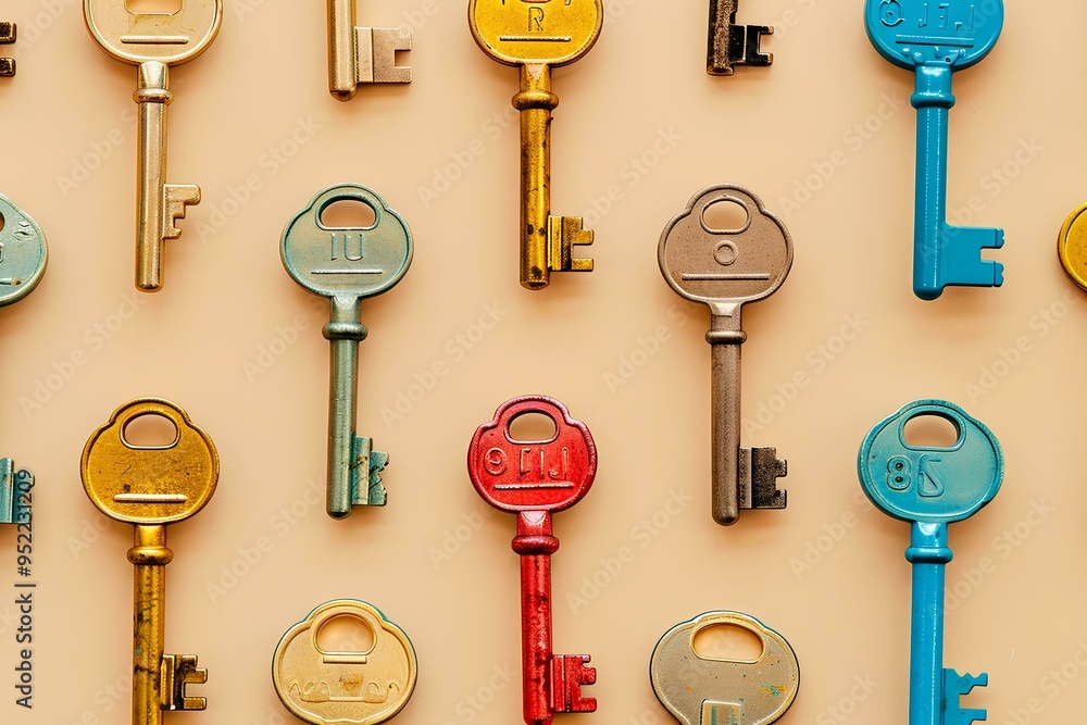 flat lay of colorful keys on a beige background, minimal concept, flat ...