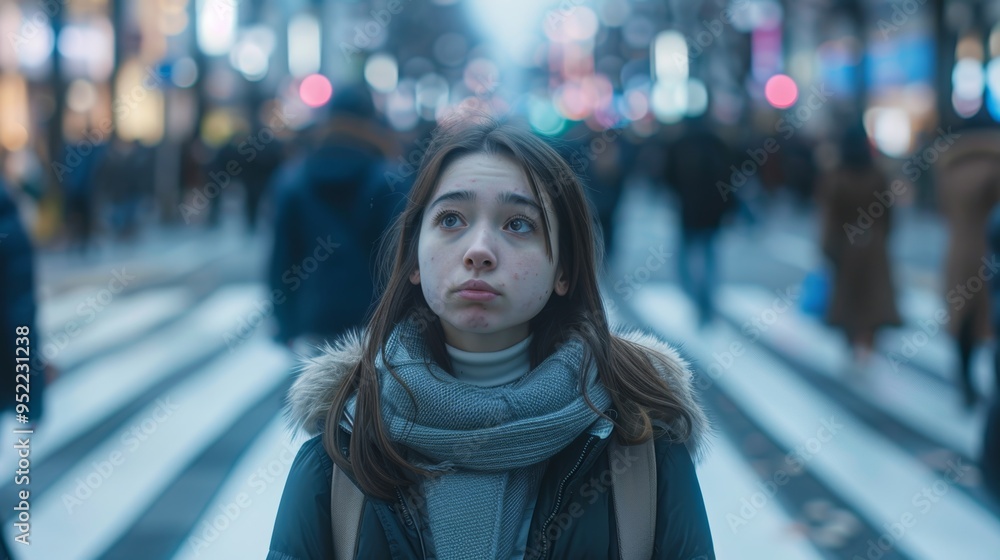 Thoughtful Young Woman Reflecting at Busy Crosswalk in City - Urban Life Concept for Posters Thoughtful Young Woman Reflecting at Busy Crosswalk in City - Urban Life Concept for Posters