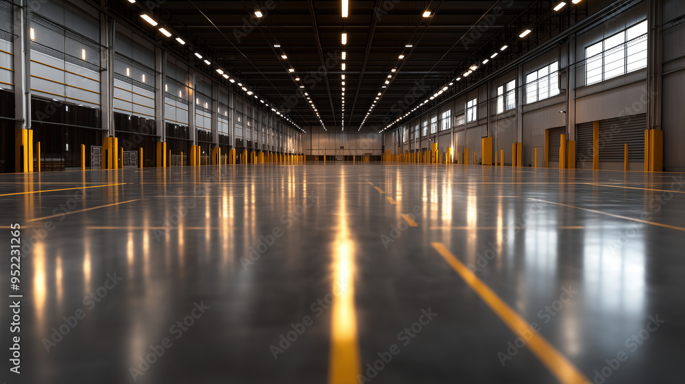 Obraz premium A large open space within a warehouse, ready for incoming shipments, with freshly marked storage zones on the floor.