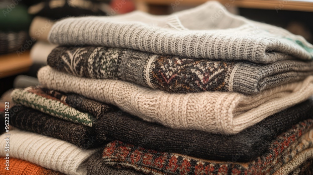 Organized Pile of Warm Sweaters for Display in a Clothing Store Organized Pile of Warm Sweaters for Display in a Clothing Store