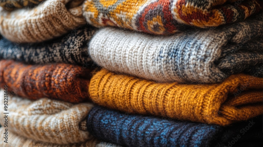 Organized Pile of Warm Sweaters for Display in a Clothing Store Organized Pile of Warm Sweaters for Display in a Clothing Store