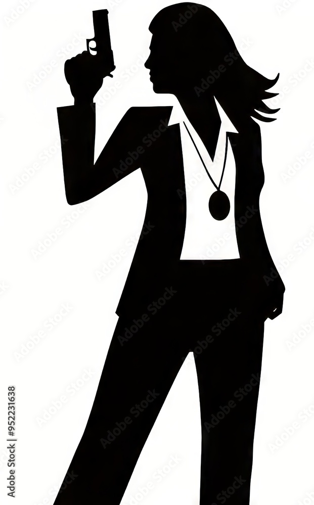Silhouette of a confident woman in a suit holding a gun. Silhouette of a confident woman in a suit holding a gun.