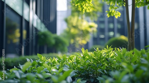 Beauiful outdoors gardening decoration near modern office building outdoor gardening image for corporate buildings concept : Generative AI photo