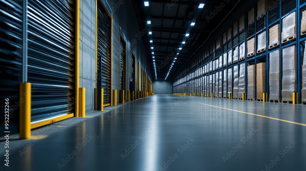 Fototapeta premium A high-security section of a warehouse, where valuable or sensitive goods are stored, with reinforced doors and surveillance systems.