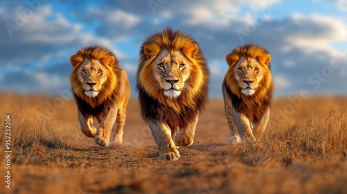 Three majestic lions stride confidently across a golden savanna under a blue sky, showcasing their strength and regal beauty. photo