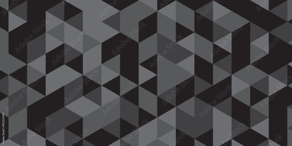 Abstract geometric black and gray background seamless mosaic and low polygon triangle texture wallpaper. Triangle shape retro wall grid pattern geometric ornament tile vector square element. Abstract geometric black and gray background seamless mosaic and low polygon triangle texture wallpaper. Triangle shape retro wall grid pattern geometric ornament tile vector square element.