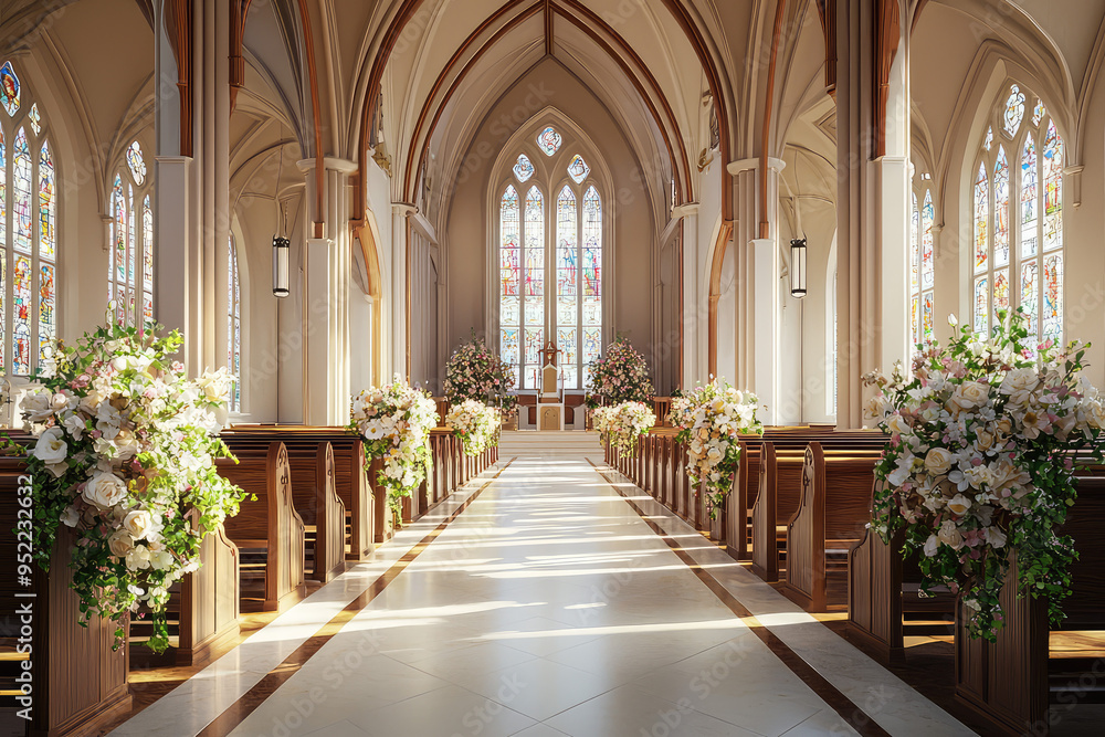 A Long Aisle Awaits: A 3D Rendered Church Wedding Setting Bathed in Sunlight A Long Aisle Awaits: A 3D Rendered Church Wedding Setting Bathed in Sunlight