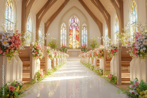 Aisle of Love: A pristine white aisle, lined with delicate florals, awaits the bride and groom in a breathtaking church setting.