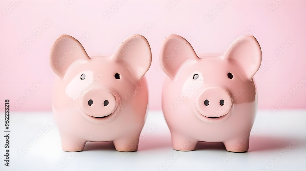 Cute pink piggy banks displayed against a soft pink background, symbolizing savings, finance, and prosperity. Cute pink piggy banks displayed against a soft pink background, symbolizing savings, finance, and prosperity.