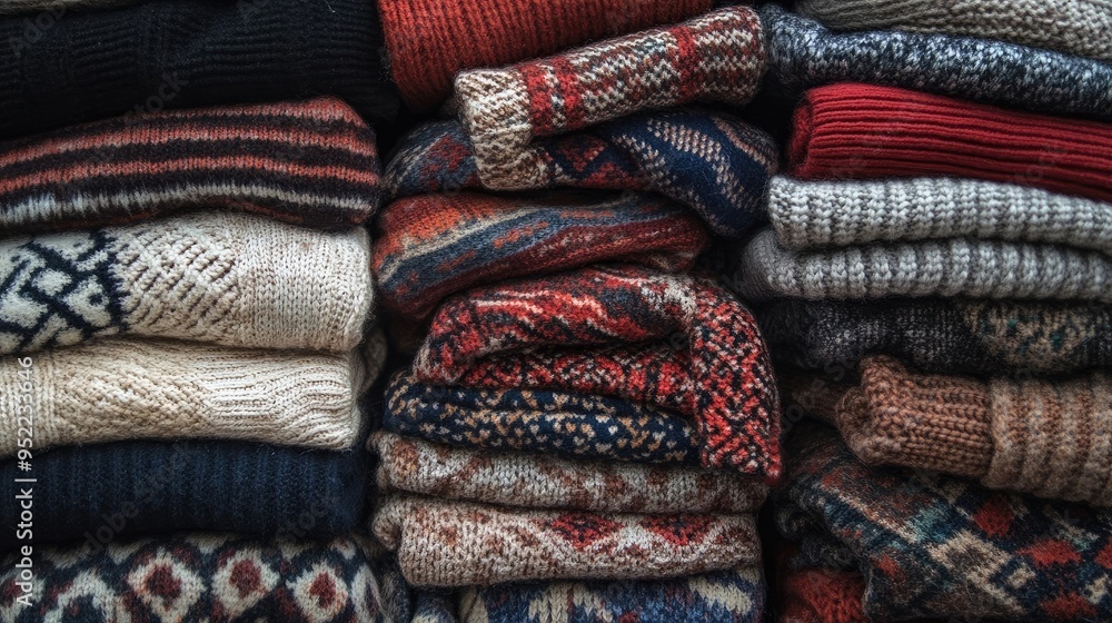 Organized Pile of Warm Sweaters for Display in a Clothing Store Organized Pile of Warm Sweaters for Display in a Clothing Store