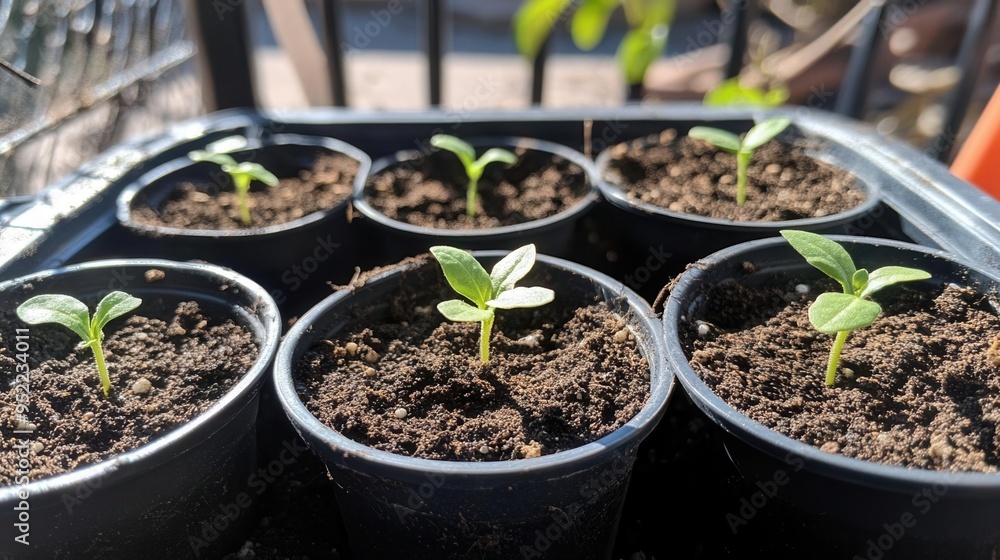 Potting soil, seedlings sprouting, bright and hopeful Potting soil, seedlings sprouting, bright and hopeful
