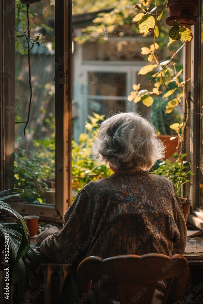 Elderly Woman Reflecting by a Window Overlooking a Tranquil Garden - Peaceful Connection with Nature Elderly Woman Reflecting by a Window Overlooking a Tranquil Garden - Peaceful Connection with Nature