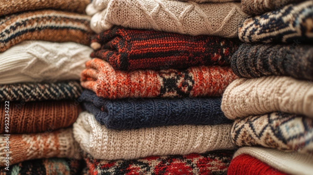 Organized Pile of Warm Sweaters for Display in a Clothing Store Organized Pile of Warm Sweaters for Display in a Clothing Store