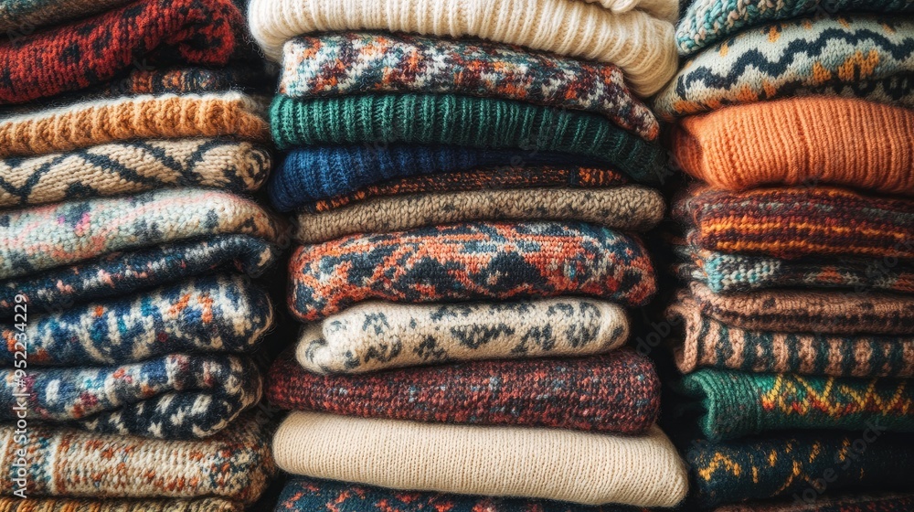 Organized Pile of Warm Sweaters for Display in a Clothing Store Organized Pile of Warm Sweaters for Display in a Clothing Store