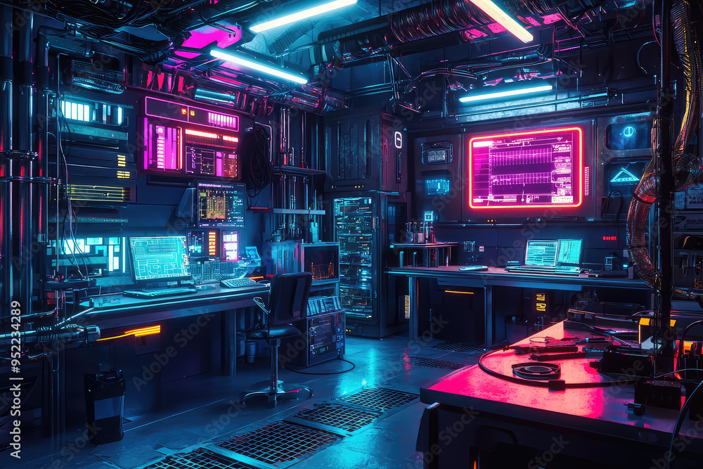 Neon Hues Illuminate a Cyberpunk Lab, Where Technology and Mystery Collide. Neon Hues Illuminate a Cyberpunk Lab, Where Technology and Mystery Collide.