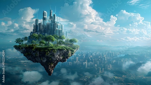 Futuristic Floating Cities and Islands in the Sky Symbolizing a Utopian Vision of the Ecological Future #952234284