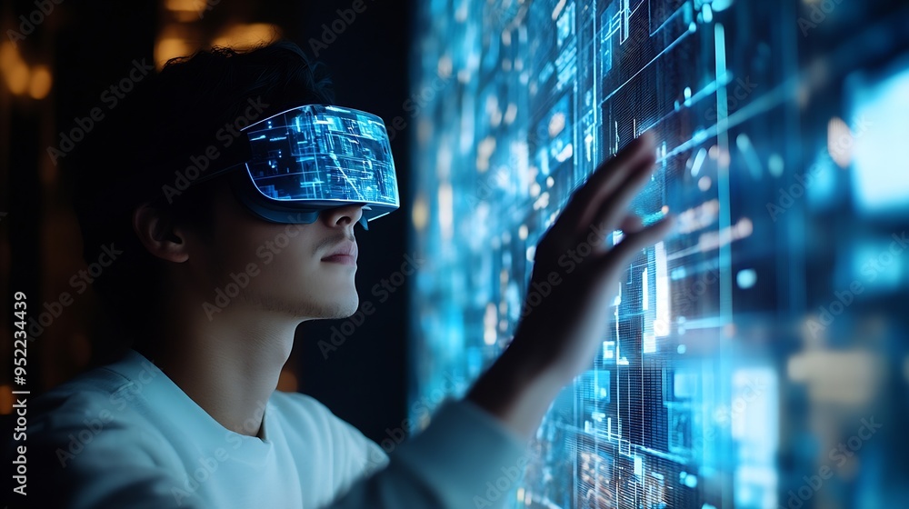 man Wearing AR Headset Design touching futuristic real estate investment concept energy efficiency rating and property value Real estate online on virtual screens new home for the fami : Generative AI man Wearing AR Headset Design touching futuristic real estate investment concept energy efficiency rating and property value Real estate online on virtual screens new home for the fami : Generative AI