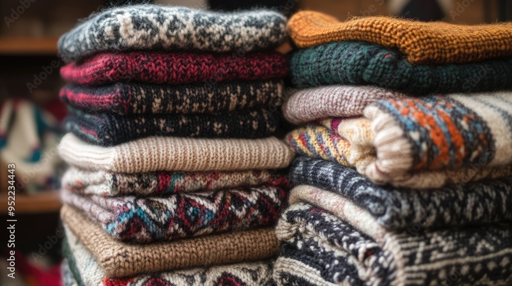 Organized Pile of Warm Sweaters for Display in a Clothing Store Organized Pile of Warm Sweaters for Display in a Clothing Store