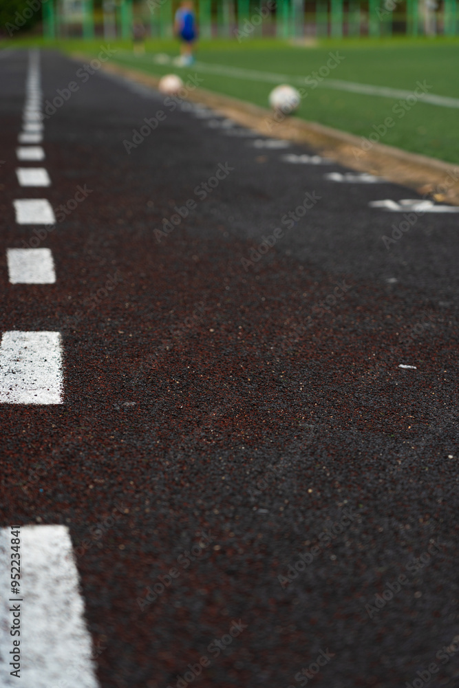 Fototapeta premium A blustery line on the rubber track of the school stadium