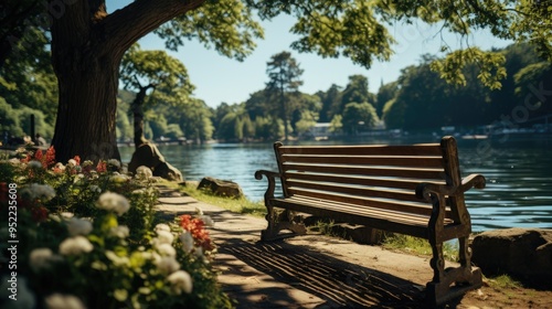 Beautiful green park near the lake with a bench