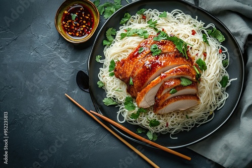 Duck plate with chilli sauce, noodles, spoon and chopsticks served in dish isolated on napkin top view of hong kong food
