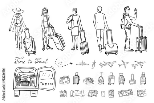 Big set of travel theme in doodle style. Woman and man with suitcase. Baggage, luggage and suitcases of different sizes, shapes and patterns in doodle style. Hand drawn. Travel time