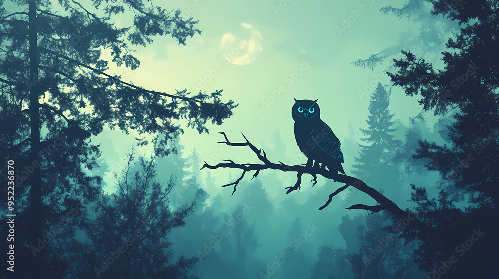 Fototapeta premium Mystical owl silhouette perched on a branch in a foggy forest, nocturnal bird in a moonlit pine woodland, teal and blue atmospheric night landscape