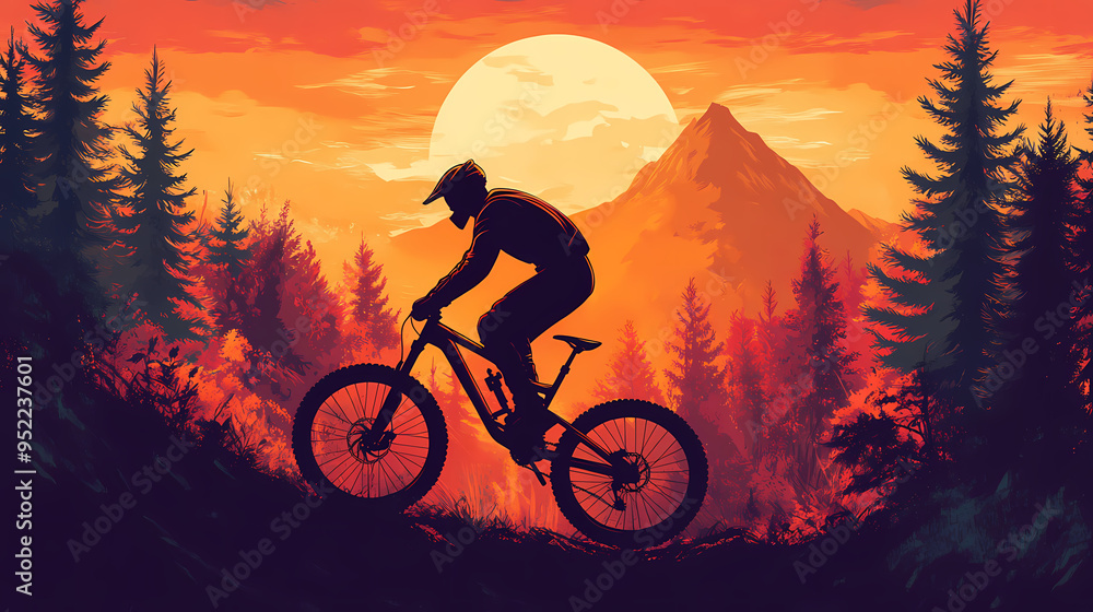 Man practicing mountain biking in the forest. Mountain. Illustration Man practicing mountain biking in the forest. Mountain. Illustration