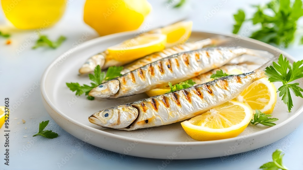 Delicious grilled fish served with fresh lemon slices and herbs on a light plate, perfect for healthy meals and culinary inspiration. Delicious grilled fish served with fresh lemon slices and herbs on a light plate, perfect for healthy meals and culinary inspiration.