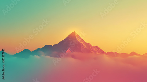 Minimalist background featuring a majestic single mountain peak amidst a breathtaking gradient sky. Mountain. Illustration