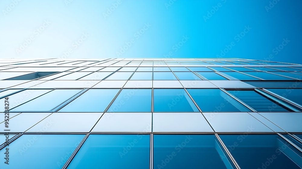 Row of glass Windows on white Modern office Building against blue clear sky in low angle and perspective side view Architecture Background concept : Generative AI Row of glass Windows on white Modern office Building against blue clear sky in low angle and perspective side view Architecture Background concept : Generative AI