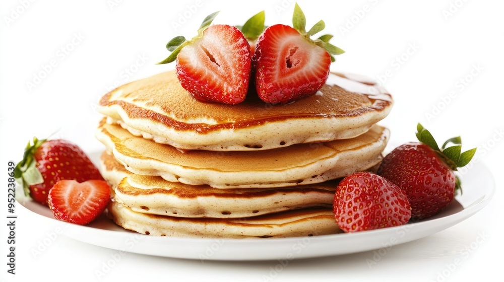 A scrumptious stack of fluffy pancakes, topped with fresh strawberries on a white background. A scrumptious stack of fluffy pancakes, topped with fresh strawberries on a white background.