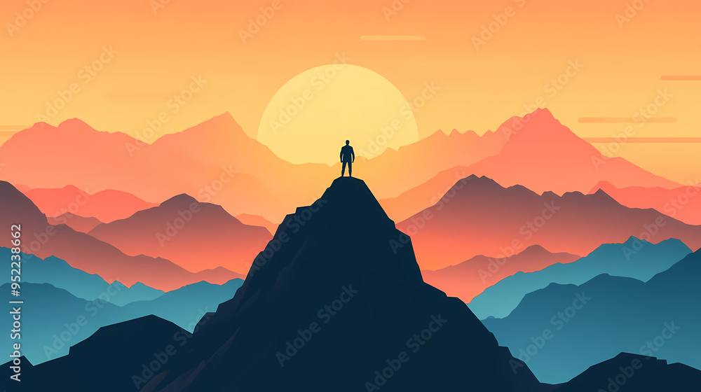 Silhouette of a man on top of a mountain peak. generative ai. Mountain. Illustration Silhouette of a man on top of a mountain peak. generative ai. Mountain. Illustration