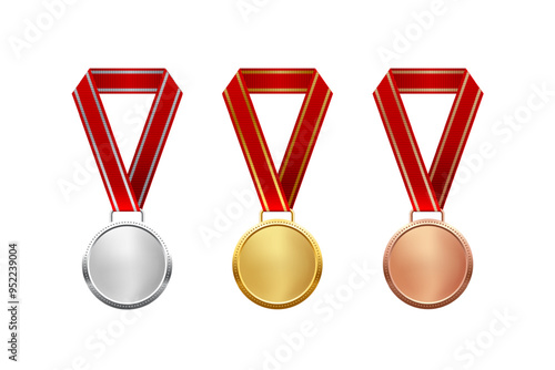 Gold, silver, bronze medals with red ribbon set vector illustration. Realistic isolated trophy medal collection with metal reward badges for winners and champions.
