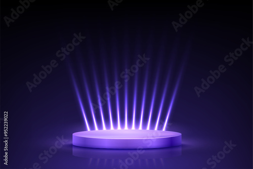 Blue violet podium for awards or product display vector illustration. Abstract empty 3d stage with glowing light rays on dark background. Luxury product presentation, glamour beauty industry design.