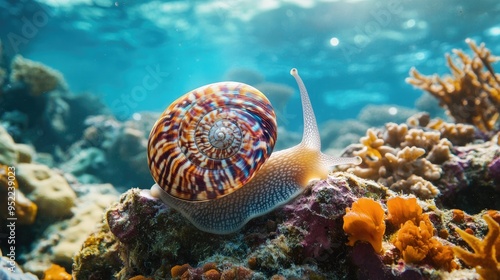 A sea snail gliding slowly over a coral reef, its shell patterned and colorful, with the ocean floor visible beneath