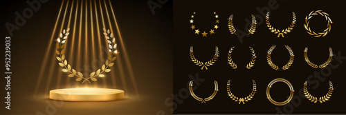 Gold award podium with laurel wreath and set of different golden laurel wreaths vector illustration. Luxury templates for glamour product presentation, winner ceremony.