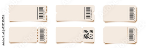 Cinema tickets with barcode. Theater coupon realistic vector templates. Discount voucher mockups. Train, movie, raffle, carnival blank ticket with text space. Concert, event, festival admit layouts.
