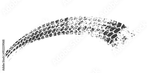Tire track. Car, bike, motorcycle tyre mark with grunge effect isolated on white background. Wheel footprint on the road. Top view of rubber protector mark.