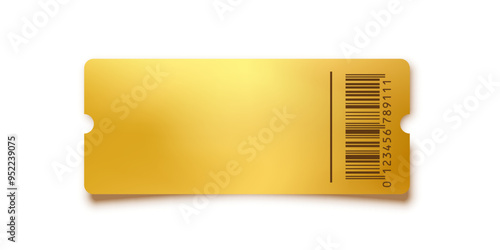 Golden ticket. Gold vector coupon, sticker or discount tag mockup isolated on white background. Cinema, theater, concert, party, event, festival invitation entrance.