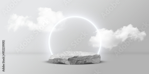 3d stone podium with white shiny circle frame and clouds vector illustration. Abstract realistic stand pedestal of round geometric shape, stage platform for luxury product presentation background.