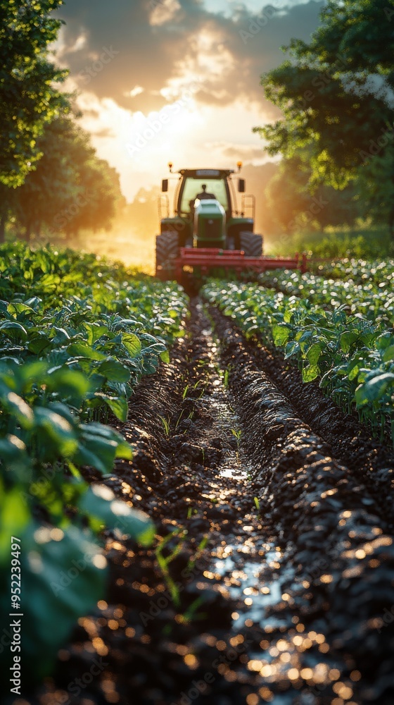 A tractor tending to a vibrant row of crops during a golden sunset, emphasizing the beauty of sustainable farming and agricultural technology. A tractor tending to a vibrant row of crops during a golden sunset, emphasizing the beauty of sustainable farming and agricultural technology.