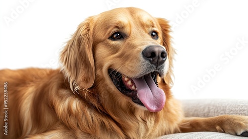 Golden Retriever dog Canis lupus familiaris great popular family domestic animal good with children isolated on white background tongue out while panting laying and looking towards c : Generative AI