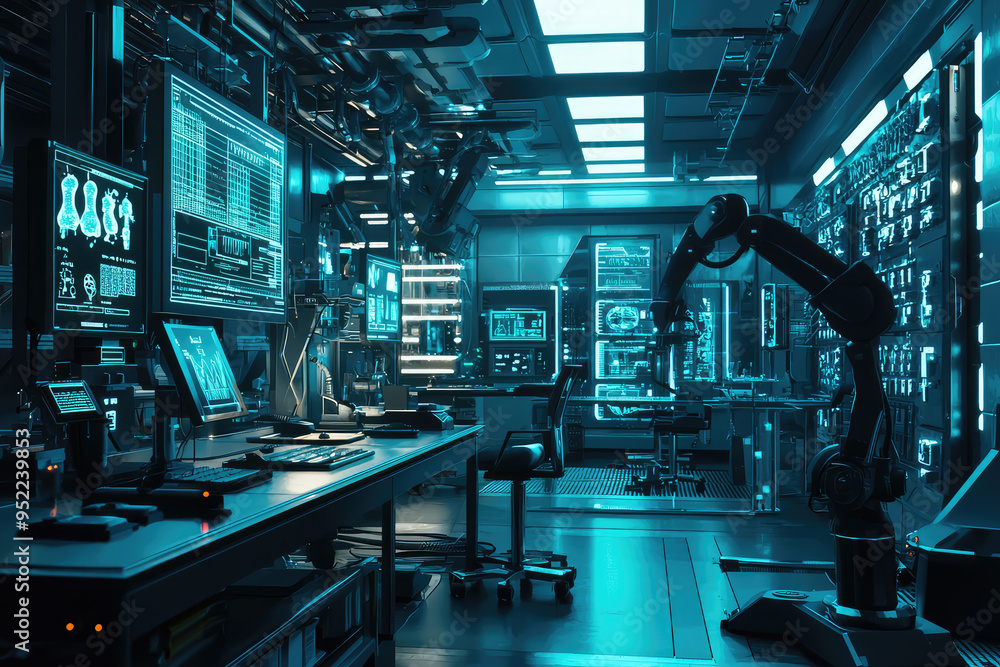 A Glimpse into the Future: A Sterile, Blue-Lit Laboratory Filled with High-Tech Equipment. A Glimpse into the Future: A Sterile, Blue-Lit Laboratory Filled with High-Tech Equipment.
