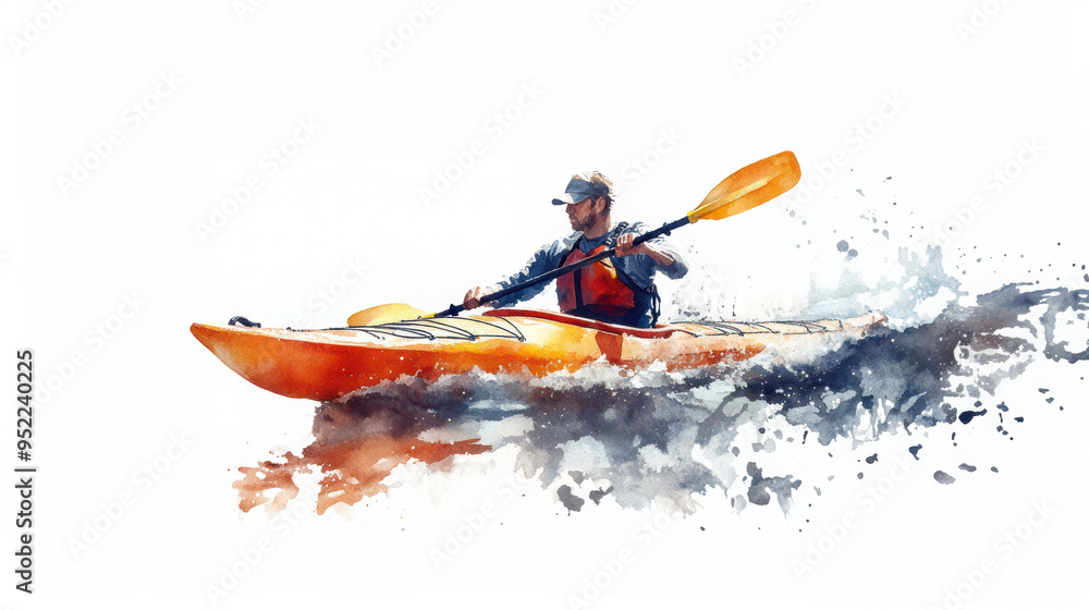 Fototapeta premium Watercolor painting of a man kayaking in water