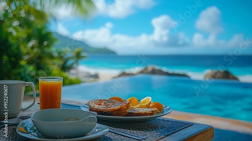 Breakfast on the beach by the pool with a look over the ocean of La Digue Seychellestropical Island : Generative AI photo