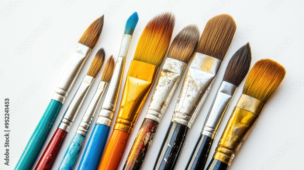 A set of paintbrushes on a white background, showcasing a range of tools for artistic expression. A set of paintbrushes on a white background, showcasing a range of tools for artistic expression.