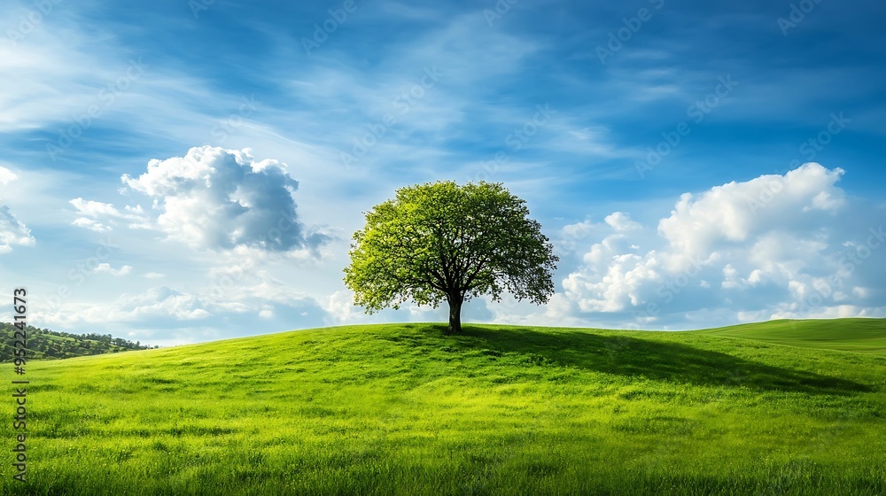A lone tree stands majestically on a rolling green hill under a vibrant blue sky with scattered clouds, exuding peace and simplicity. A lone tree stands majestically on a rolling green hill under a vibrant blue sky with scattered clouds, exuding peace and simplicity.