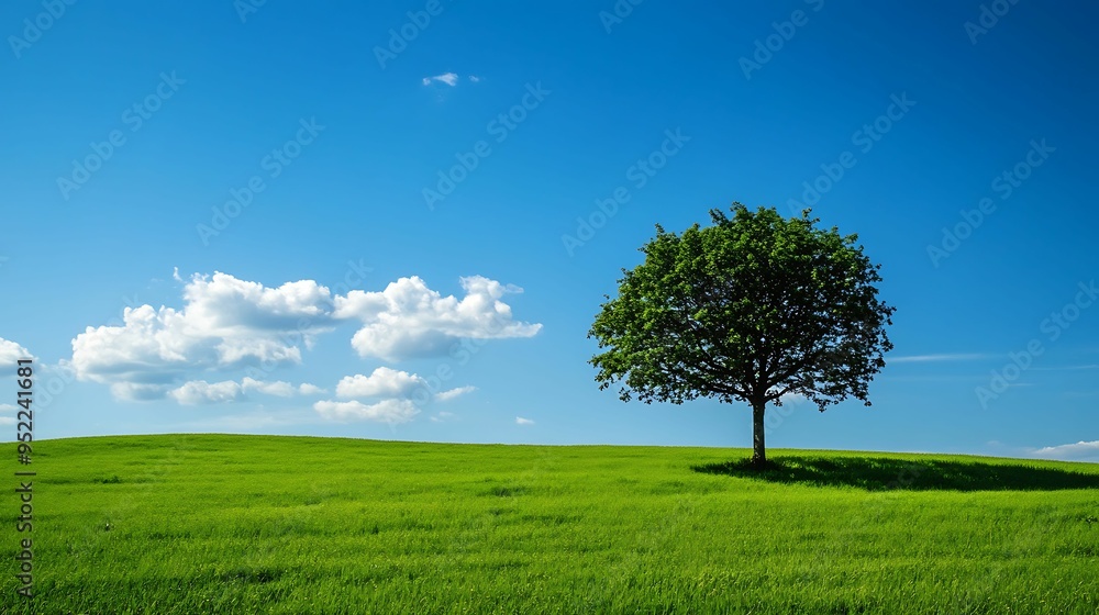 A solitary tree stands on a lush green hill under a clear blue sky with soft white clouds, embodying peacefulness and simplicity. A solitary tree stands on a lush green hill under a clear blue sky with soft white clouds, embodying peacefulness and simplicity.
