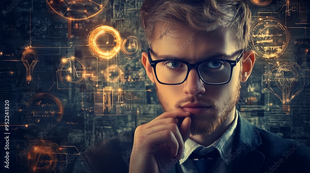 A focused young man in glasses, deep in thought, surrounded by glowing futuristic technology graphics, symbolizing innovation and analytical thinking. A focused young man in glasses, deep in thought, surrounded by glowing futuristic technology graphics, symbolizing innovation and analytical thinking.